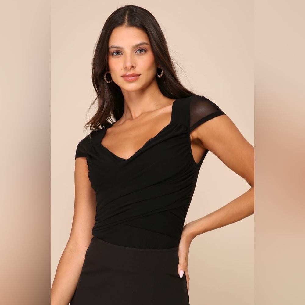 Lulus Sheer Confidence Black Mesh Cap Sleeve Top Size Medium